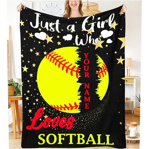 321DESIGN Just A Girl Who Loves Softball Custom Blanket Personalized Name Blankets Text Customized for Family Baby Pet Adult Kid Birthday Christmas Halloween New Year Gifts 40