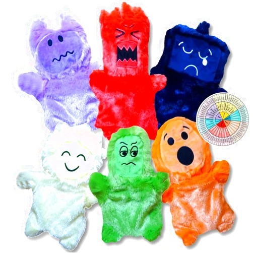 SENSORY4U Emotional Hand Puppets for Kids - Social Skills Activities Mindfulness Tools - Social Emotional Learning and Sensory Play Therapy Toys - Includes Emotion Wheel Magnet (Set of 6 Puppets)