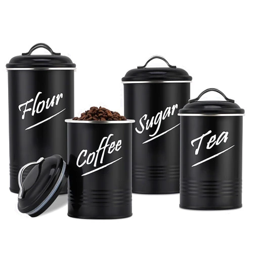 Hillbond Canisters Sets for The Kitchen Countertop with Airtight Lids Flour Tea Coffee Sugar Containers Farmhouse Black Canisters for Kitchen Counter Set of 4