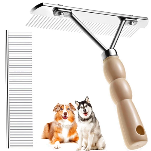 Twellife Dog Rake for Undercoat Long Tooth Dogs Comb, Rake Brush+Stainless Steel Shedding Comb, Husky Undercoat Rake Grooming Tool Set for Big Dog Horse Longhair Cat