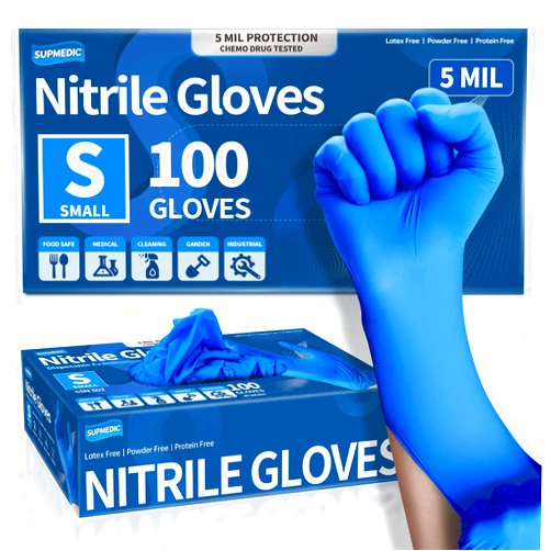 Supmedic Medical Nitrile Exam Gloves, 5 mil Chemo-Rated Powder-Free Food Safe Cleaning Disposable Glove Blue 100/1000Pcs