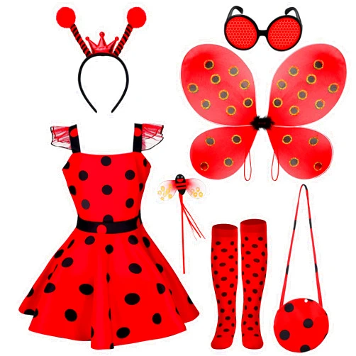 Janmercy 7 Pcs Ladybug Costume Girls Ladybug Dress with Polka Dots Tutu Dress Pretend Halloween Party Gift for Kids 3-8