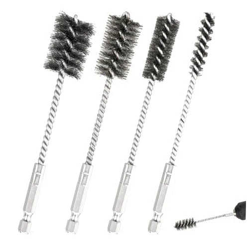 Trinkrittey 4 Pcs Stainless Steel Wire Brushes for Drill Stainless Steel Bore Brush Set 3/8'' 1/2'' 3/4'' 7/8'' Bristles Wire Brush with Hex Shank Handle for Drill Ports Tubes Bearings Cleaning Parts