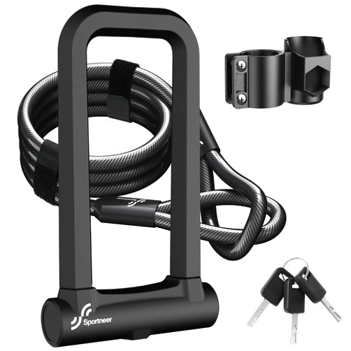 Sportneer Bike Lock: 18mm Heavy Duty Anti Theft Bike U Lock with 5ft Security Steel Cable - Shackle Bicycle U-Locks with 3 Keys & Sturdy Mounting Bracket for Road, Mountain, Electric & Folding Bike