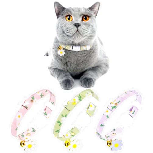 DILLYBUD 3 Pack Breakaway Cat Collars with Bell- Daisy Pendant Spring Cat Collar for Girl Boy Cats with Safety Buckle- Cute Kitten Collar Adjustable 8