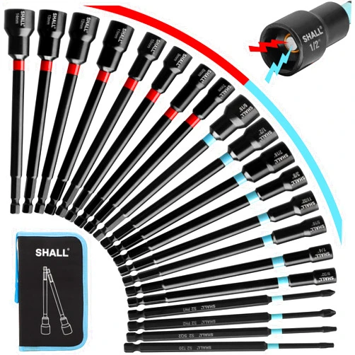 SHALL 20PCS Magnetic Nut Driver Set, 6” Long Nut Drivers for Impact Drill, SAE & Metric 1/4” Hex Shank Nut Driver Bit & Impact Drill Driver Bit w/Power Screwdriver Bits PH1/PH2/SQ2/T20, Storage Bag