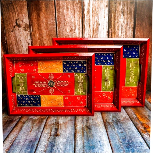 Swadeshi Blessings Handcrafted & Hand-Painted Embossed Wooden Serving Trays Set of 3- for Kitchen/Table & Home Decor/Dinning/Gifts/Restaurants/Living Room/Coffee Table (AntiqueRed)