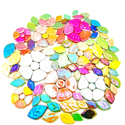 BTMIEY 500g/1.1lb Random Color Iridescent Flowers & Leaves Ceramic Mosaic Tiles, DIY Making Creative Mosaic Tiles for DIY Craft Plates Flowerpots Vases Cups Mosaic Making Supplies (Flowers + Leaves)