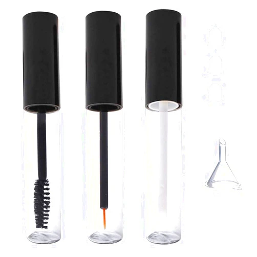 IMIROOTREE 10ml Mini Empty Transparent Mascara Tube, Eyeliner Tube and Lip Gloss Tube with Black Lid Refillable Plastic DIY Cosmetic Container Including Mini Funnel