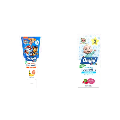Orajel Kids Paw Patrol Anti-Cavity Fluoride Toothpaste, Natural Fruity Bubble Flavor, 4.2oz Tube & Kids CoComelon Training Toothpaste Fluoride-Free; #1 Pediatrician Recommended Fluoride-Free