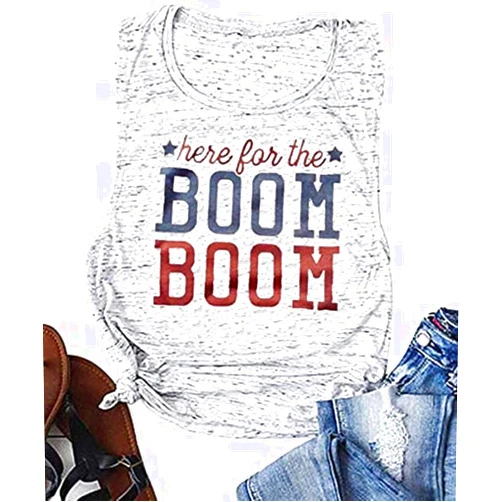 Kfulemai Women's Here for The Boom Tanks Tops 4th of July Shirts Graphic Tee Patriotic Independence Day Sleeveless Shirt