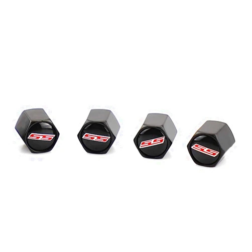 XDG 4Pcs Valve Stem Air Caps Red SS Logo Car Tire Covers Rustproof Zinc Alloy Chrome for Chevy Camaro Ford Styling Decoration Accessories(Tires Parts Valve Caps) (Black)