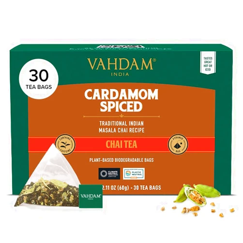 VAHDAM, Cardamom Masala Chai Tea Bags (30 Count) Non GMO, Gluten Free, No Artificial Flavor | Blended w/Exotic Spices | Chai Tea | Resealable Ziplock Pouch | Individually Wrapped