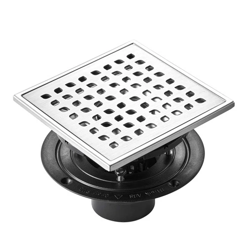 VEVOR 6 Inch Square Shower Drain with Pattern Grate,Brushed 304 Stainless Steel Rectangle Shower Floor Drain,Hair Drain with Leveling Feet,Hair Strainer Silver