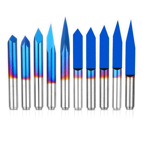 Genmitsu 10 Pcs 1/8'' Shank CNC Router Bits Set, Flat V-bit: 20/30/45/60/90 Degree Triangular V-bit: 20/30/45/60/90 Degree 0.1mm Tip, Nano Blue Coat Conical, Engraving Tool for CNC