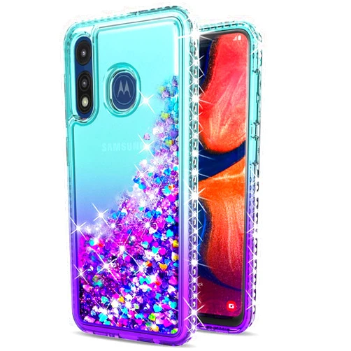 STARSHOP Compatible with Moto E Phone Case, with [Tempered Glass Protector Included] Liquid Floating Glitter Quicksand Bling with Spot Diamond Cover for Motorola Moto E 2020- Aqua/Purple