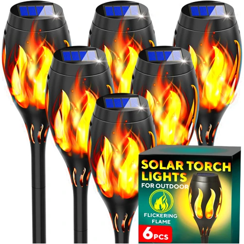 GEROSSI Beautiful Solar Lights for Outside 6-Pack - Premium Solar Tiki Torches with Flickering Flame - Waterproof, Auto On/Off - Perfect for Your Outdoor, Yard, Patio, Pathway & Garden