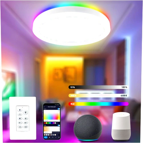 GREENBELL Dimmable RGB LED Flush Mount Ceiling Light Fixture with Remote Control, Compatible with Alexa, 12Inch 3000K-6500K Adjustable, Color Changing Light, LED Ceiling Light for Bedroom, Kid Room Party