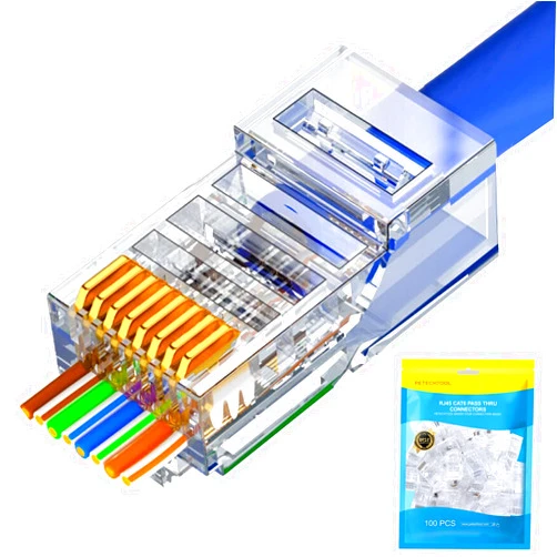 PETECHTOOL RJ45 Cat6 Cat5 Connectors Ends Gold Plated 8P8C Ethernet Pass Through Plug (100Pack)