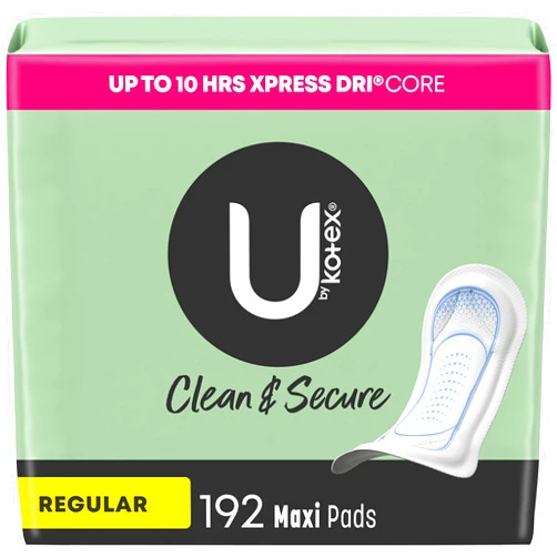 U by Kotex Clean & Secure Maxi Pads, Regular Absorbency, 192 Count (4 Packs of 48) (Packaging May Vary)