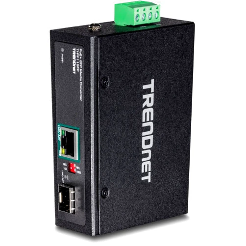 TRENDnet Industrial SFP to Gigabit PoE+ Media Converter, IP30 Rated Housing, Operating Temperature Range -40°– 75 °C to (-40° – 167 °F), TI-PF11SFP, Black