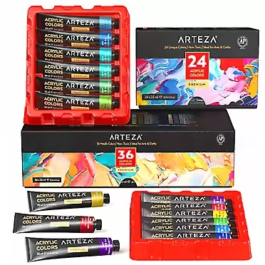 Arteza Metallic Acrylic Paint Set of 36 Colors with Acrylic Paint Set of 24 Colors Painting Art Supplies for Artist, Hobby Painters & Beginners