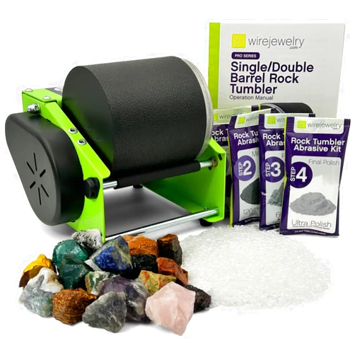 WireJewelry Pro-series Single Barrel Rock Tumbler Kit - Includes 1.5 Pounds Of Gemstones Of the World Stone Mix and 1 Batch Of 4 Step Abrasive Grit and Polish with Plastic Pellets