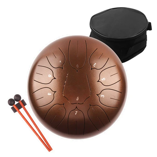 LOMUTY Steel Tongue Drum 10 Inch 11 Notes Steel Drums for Adults Hand pan Drum with Bag, Music Book, Mallets etc, Ethereal Drum Metal Drum Instrument for Meditation Yoga (Brown)