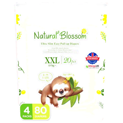 Natural Blossom Easy Pull-up Diaper Pants | Size (6) 4T-5T (33 lbs+) | 80 Count (20ea*4packs) | Vegan - Super Soft - Hypoallergenic - Ultra-Slim