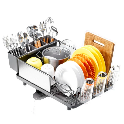 Urackify Dish Rack, 304 Stainless Steel Dish Drying Rack for Kitchen Counter, Dish Drainer with Cutlery Holder for Large Capacity, Dish Drying Rack with drip Tray, Grey