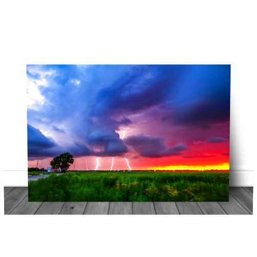 Southern Plains Photography Storm Wall Art (Ready to Hang) Aluminum Metal Print of Multiple Lightning Strikes at Sunset on Stormy Evening in Oklahoma Thunderstorm Photography Weather Decor (16