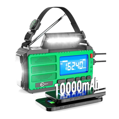 Esky 10000mAh Emergency Hand Crank Radio, AM/FM/NOAA Portable Weather Alert Radio with Flashlight, Solar Powered Rechargeable Radio with Compass Reading Lamp SOS Alarm, Outdoor Camping Survival Gear