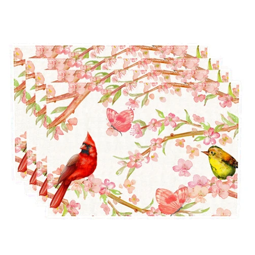 ZAEW Bardinal Bird Pink Flowers Peach Blossom Butterfly Spring Summer Seasons Placemats Set of 4 Cloth Table Mats 12 x 18 Inch Party Home Dining Decor Table Decorations