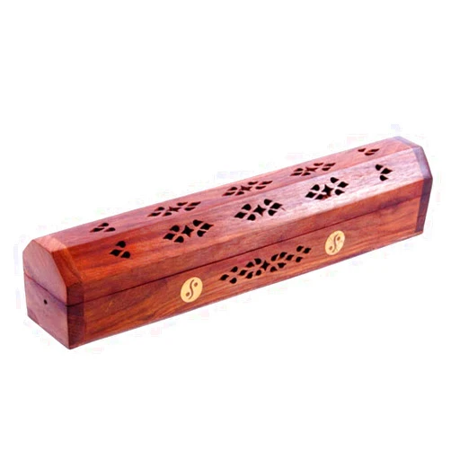 CHAKRIK Wooden Incense Box, Agarbati Holder Wooden Hand Carved Incense Burner, Incense Holder, Brass Inlays & Storage Incense Holder Stand, Incense Stick Stand Handmade (12x2.5x3 inch) Peace