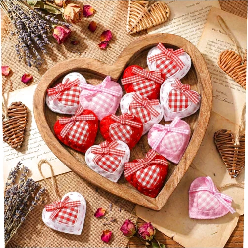 HunnmingRe 24 Pcs Valentine's Day Ornaments Felt Quilted Heart Ornaments with Bow 2.56 Inch Red White Pink Stuffed Heart Bowl Vase Fillers Rustic Barn Style Valentines Decoration for Small Tree Home