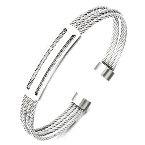 COOLSTEELANDBEYOND Men Women Stainless Steel Twisted Cable Adjustable Cuff Bangle Bracelet Silver Color