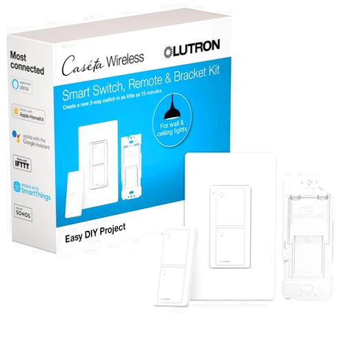 Lutron Caseta Smart Light Switch 3-Way Kit, with Pico Remote, Wallplate, Wall Bracket for LED Lights and Fans, On-Off Only, 5 Amp, Neutral Required, P-PKG1WS-WH