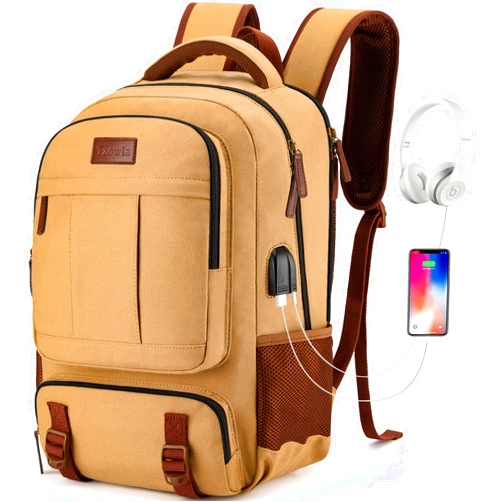 Tzowla Canvas Laptop Backpack, Bag for Men Women,Travel Work Rucksack Fits 15.6 Inch Laptop, Bookbag with USB Charging Port