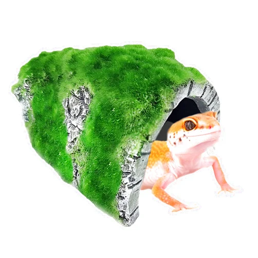 SunGrow Reptile Hideout Cave with Artificial Moss, Rock Habitat Shelter for Lizards, Snakes, Geckos, Frogs & Aquariums, Durable Resin Cave Decor, 6 x 3 x 4 Inches