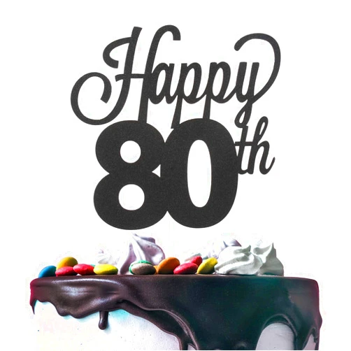 LINGTEER Happy 80th Birthday Black Cake Topper - Cheers to 80th Birthday Eighty Years Old Birthday Party Gift Decorations Sign.