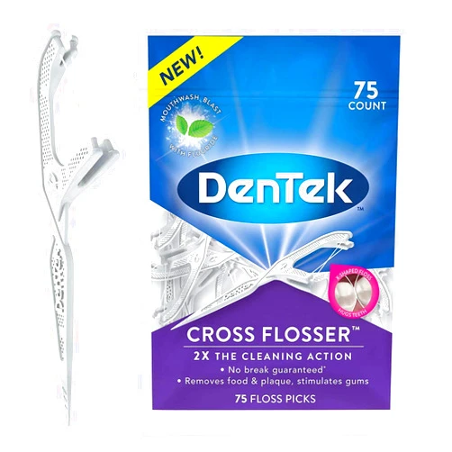 DenTek Cross Flosser Plaque Control Floss Picks, Unique X-Shaped Floss, Flouride Infused Floss Strands, Mouthwash Blast Flavor, 75 Count in Each Pouch (Pack of 2)