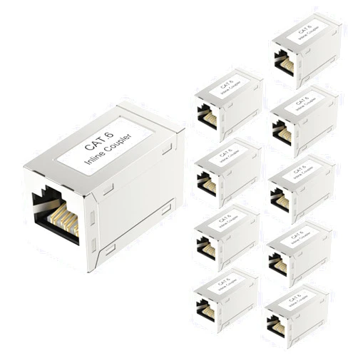 VCELINK RJ45 Cat6 Coupler Shielded 10-Pack, Ethernet Cable Extender CAT6/CAT5E/CAT5 Inline Coupler PoE Female to Female Connector in Silver