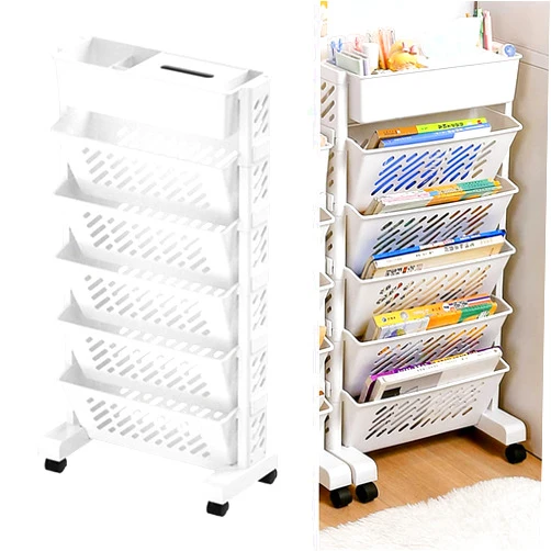 Growalleter 6 Tier Mobile Storage Bookshelf, Utility Organizer White Bookshelves with Wheels for Kids, Students, Teachers, Adult, Removable Mobile Multifunctional Bookshelf Organizer (6 Tier)
