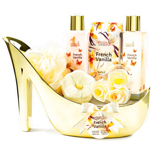 Freida and Joe Elegant French Vanilla Bath Set Gold High Heel Shoe Spa Gift for Gifting, Pampering & Home Decor Shower Gel, Body Lotion, Bath Salts, Soap Flower & Many More Valentines Gift for Women