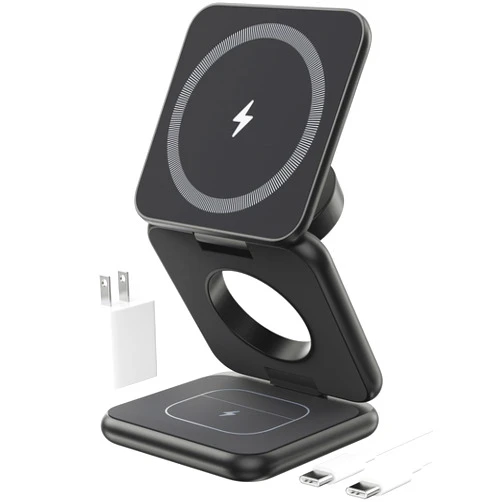 KU XIU Foldable Magnetic Wireless Charger, KU XIU X40 Aluminum Alloy 3 in 1 Charging Station for Apple, Fast Charging Travel Charger for iPhone 16 15 14 13 12 Series, 5W for Apple Watch Ultra, AirPods, Black