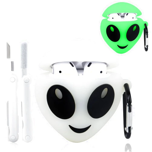 CCXNAS Compatible with AirPods 2nd/1st Case, Glow in The Dark Funny 3D Alien Case for Airpods 2/1 with Cleaner Kit, Cute Soft Silicone Protective Airpods Case for Women Men Girls Boys