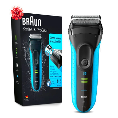 Braun Electric Series 3 Razor with Precision Trimmer, Rechargeable, Wet & Dry Foil Shaver for Men, Blue/Black, 4 Piece