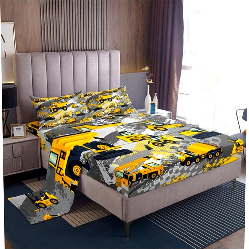 Feelyou Kids Cartoon Car Bed Sheet Set Queen Size Boys Construction Vehicles Bedding Set for Teens Children Cartoon Machinery Truck Bed Sheets Set Construction Site Cars Bed Cover 4Pcs, Super Soft,Breathable