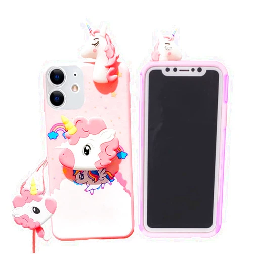 KSun Yellow Unicorn Case for iPhone 12/12 Pro 6.1” with String Rope, 3D Cartoon Cute Elastic Kickstand Protective Case, iPhone 12 Case iPhone 12 Pro Case Kawaii Fashion for Kids Teens Girls Women (Pink)