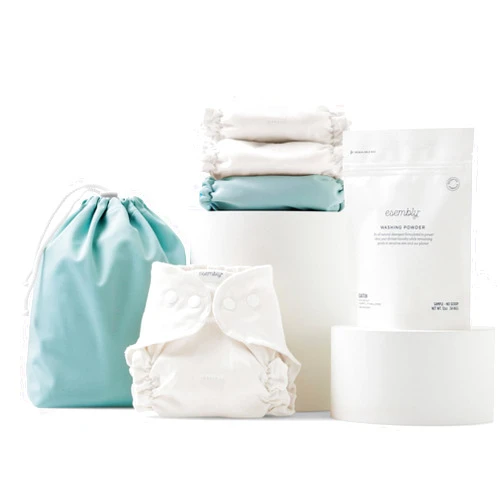 Esembly Cloth Diaper Try-It Kit, Starter Gift Set, Includes 3 Organic, Reusable Diapers Inners, 1 Stylish Outer, Patented Detergent & Wet Bag - Earth-Friendly Diapering, Mist, Size 1 (7-18lbs)